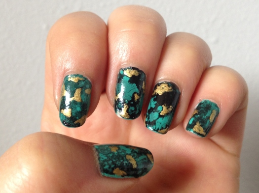 Et voila! Gold flecked turquoise water spotted nails.